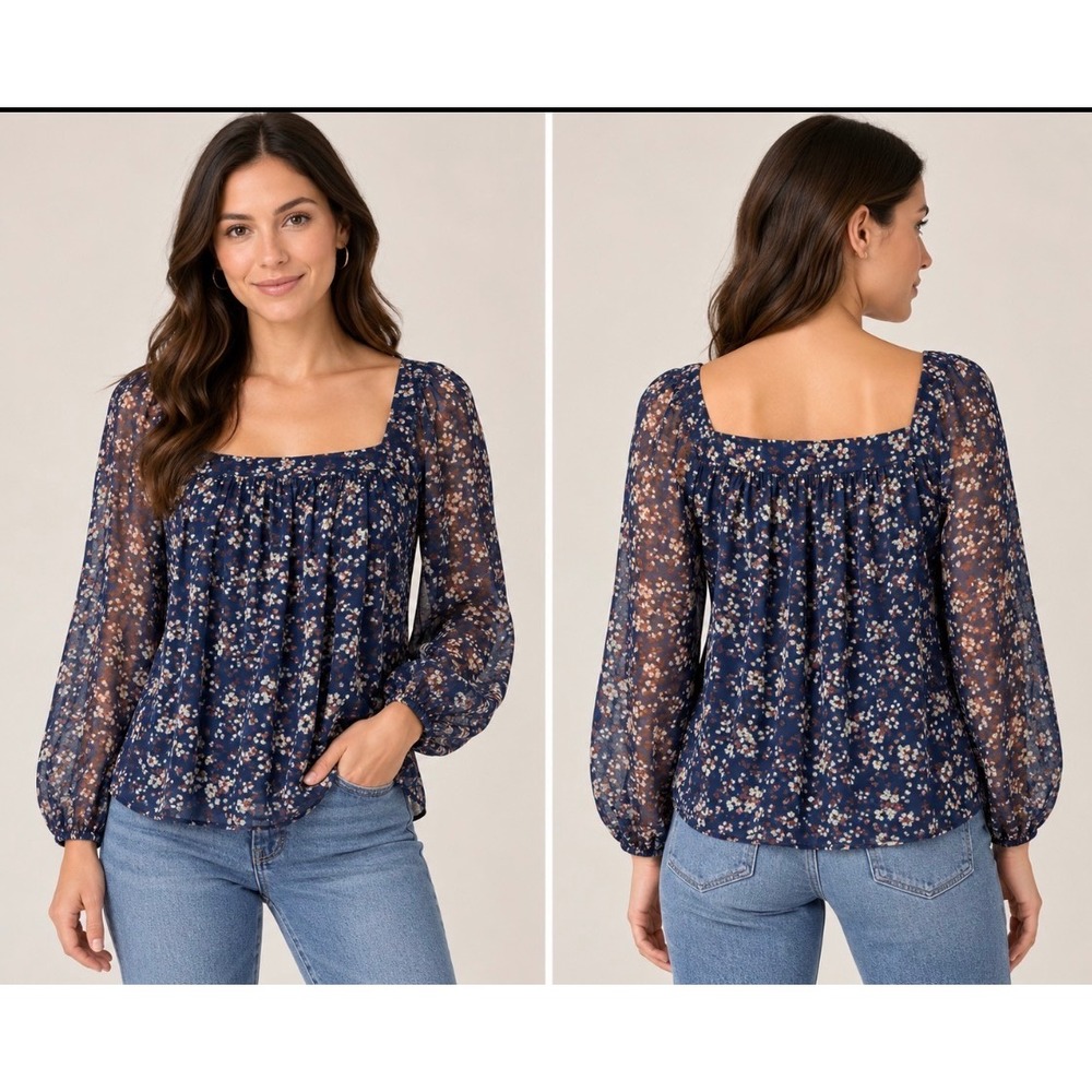 Boden‎ Womens Size 4 Navy Floral Square Neck Blouse Top Cottage Core